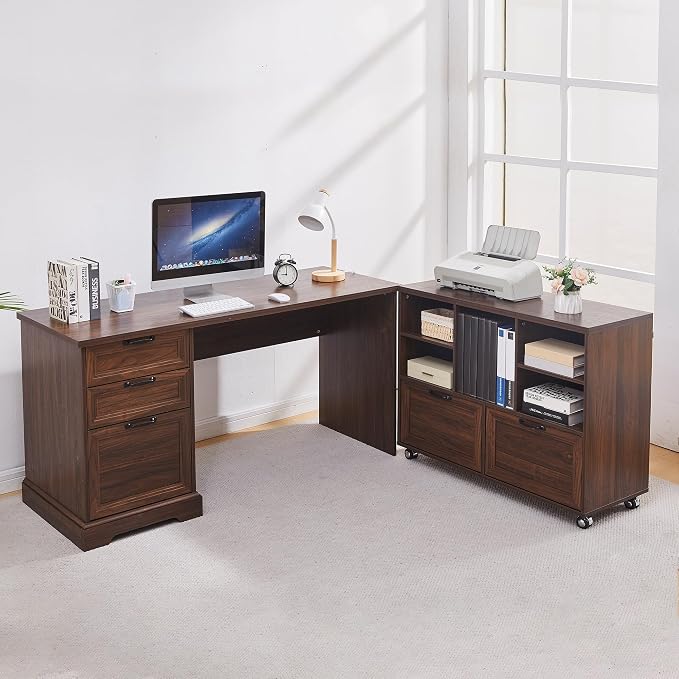 60" Farmhouse Executive Desk and 40" Mobile File Cabinet Combination,L Shaped Executive Desk with Charging Station,Home Office Desk for Office Work,Home Study (Walnut)