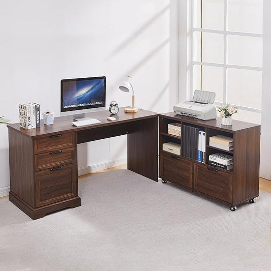 60" Farmhouse Executive Desk and 40" Mobile File Cabinet Combination,L Shaped Executive Desk with Charging Station,Home Office Desk for Office Work,Home Study (Walnut)