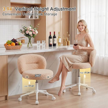 Homkdom Round Vanity Chair with Wheels, Ultra-Soft Desk Chair, Height Adjusts to Your Mirror, Silent Casters, Cute Bedroom Dressing Chair for Daily Beauty Routines, Yellow