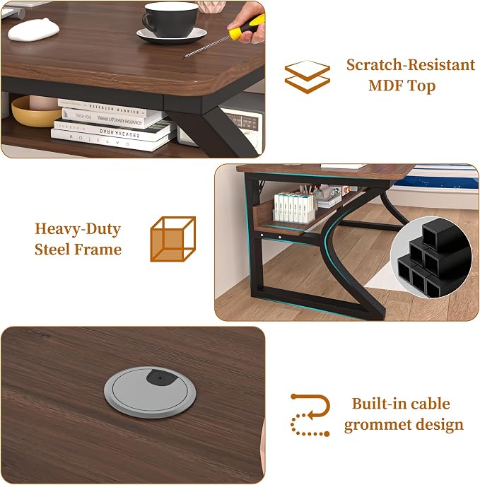 47 inch Computer Desk, Home Office Desk with Storage Shelf, Sturdy U-Shaped Metal Frame Study Table with Cable Management, Gaming Desk for Office & Bedroom (Deep Walnut, 47inch)