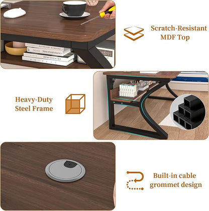 47 inch Computer Desk, Home Office Desk with Storage Shelf, Sturdy U-Shaped Metal Frame Study Table with Cable Management, Gaming Desk for Office & Bedroom (Deep Walnut, 47inch)
