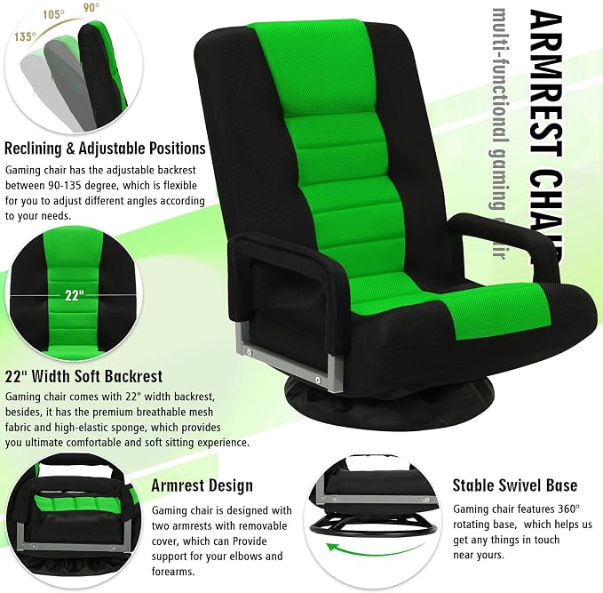 Swivel Floor Gaming Chair w/Armrests,Folding Video Reclining Sofa w/6 Adjustable Position, Padded Backrest & Cushion, Lazy Lounger Couch for E-Sports, Reading, Relaxing, Watching TV, Green