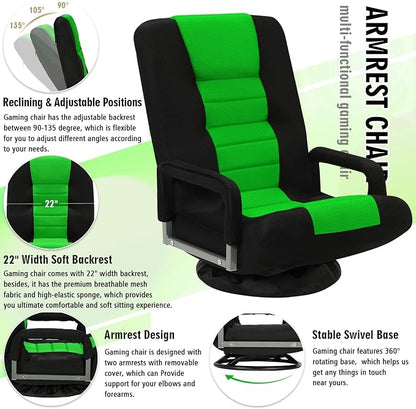 Swivel Floor Gaming Chair w/Armrests,Folding Video Reclining Sofa w/6 Adjustable Position, Padded Backrest & Cushion, Lazy Lounger Couch for E-Sports, Reading, Relaxing, Watching TV, Green
