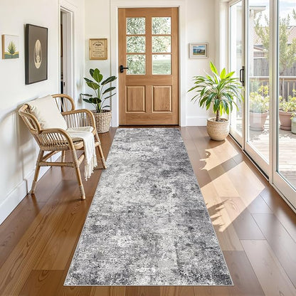 UERMEI 3x8 Washable Runner Rug for Hallway, Non Slip Low Pile Kitchen Carpet, Neutral Modern Abstract Indoor Floor Mat for Entryway Laundry, Kid & Pet Safe High Traffic Area, Grey