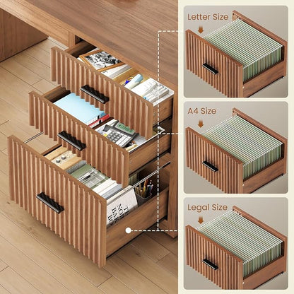 SEDETA Fluted L Shaped Electric Standing Desk, 63" x 67" Height Adjustable Home Office Executive Desk with Drawers and Shelves, Two Person Desk with Power Outlet for Home Office, Brown