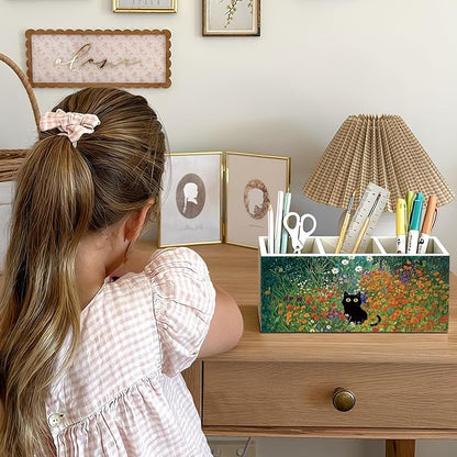 Black Cat Pen Pencil Holder for Desk, Black Cat Mom Lady Lovers Gifts for Women, Pet Lover Gifts, Cottagecore Wildflower Kitten Wooden Box Sign Decorations for Home Office Desk Tabletop