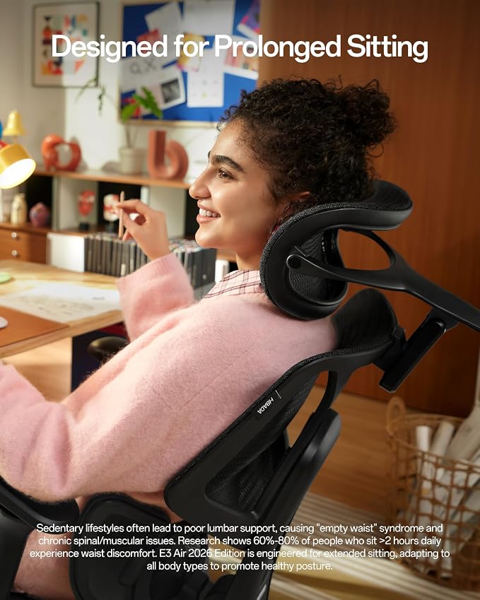 Hbada E3 Air 2026 Ergonomic Office Chair, 3-Zone Lumbar Support, Comfy Home Office Chair with Auto Recline, 4D Headrest & Armrests, 140° Tilt for Work & Relax with Footrest, Black with Footrest