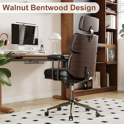 Mid-Century Modern Ergonomic Office Chair,High Back Faux Leather Executive Desk Chair with Walnut Bentwood & Headrest,Adjustable Swivel Computer Chair for Home Office,Black