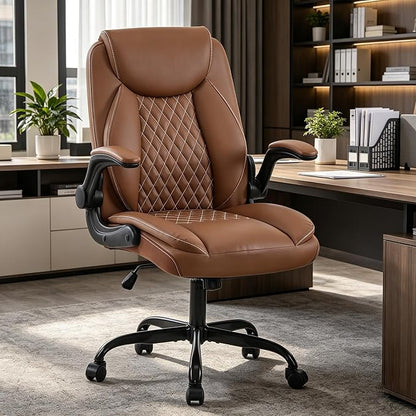 YFO Leather Office Ergonomic Home Office Desk Chair, Back Support Swivel Executive Office Chair with Wheels and Flip-Up Armrests, Small Gaming Chair with Adjustable Rocking Function, Brown