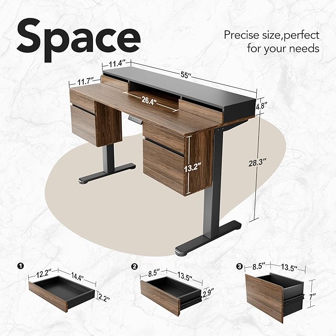 HUANUO Electric Standing Desk with 6 Drawers, 55 Inch Height Adjustable Stand Up Desk with Storage, Computer Workstation Compatible with Monitor Stand for Home Office, Black Walnut