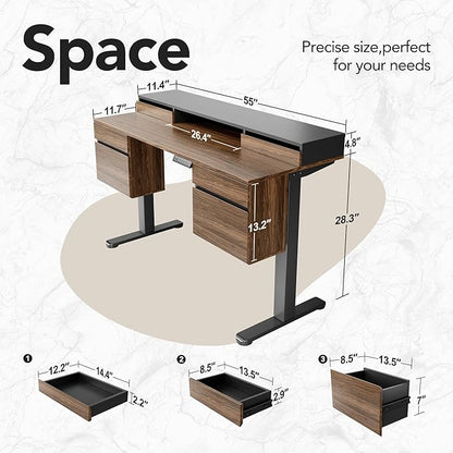 HUANUO Electric Standing Desk with 6 Drawers, 55 Inch Height Adjustable Stand Up Desk with Storage, Computer Workstation Compatible with Monitor Stand for Home Office, Black Walnut