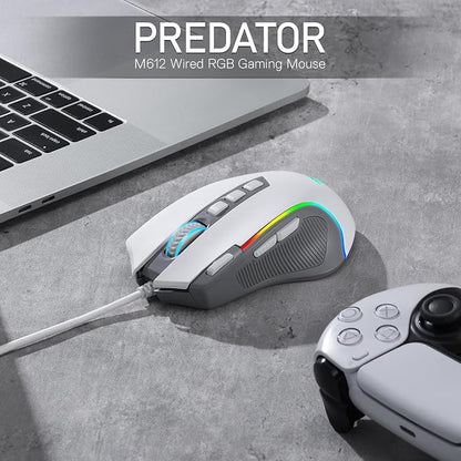 Redragon M612 RGB Gaming Mouse, 8000 DPI Wired Optical Mouse with 9 Programmable Buttons & 5 Backlit Modes, Software Supports DIY Keybinds Rapid Fire Button, Gray&White
