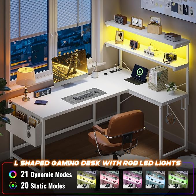 DurayLoly L Shaped Desk Computer Desk with LED Light & Power Outlet, 43.3 Inch Reversible White Desk with Shelf & Storage Bag & Hook for Home Office, White