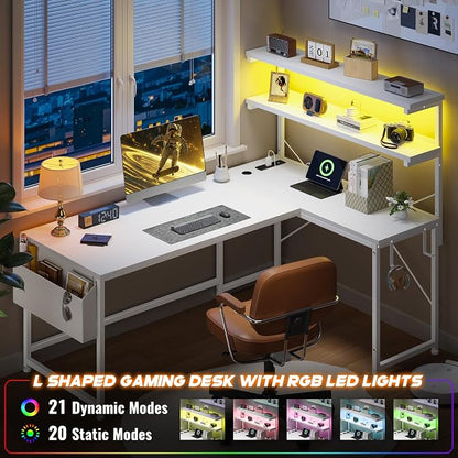 DurayLoly L Shaped Desk Computer Desk with LED Light & Power Outlet, 43.3 Inch Reversible White Desk with Shelf & Storage Bag & Hook for Home Office, White