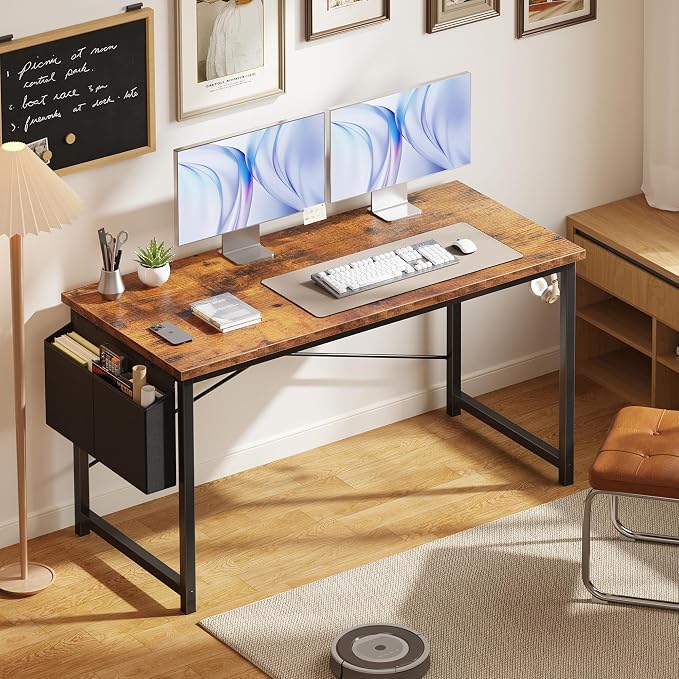 OLIXIS 55 Inch Computer Desk for Home Office, Writing Study Craft Gaming Table, Modern Computer Workstation with Storage Bag and Headphone Hook for Bedroom Small Spaces, Rustic Brown