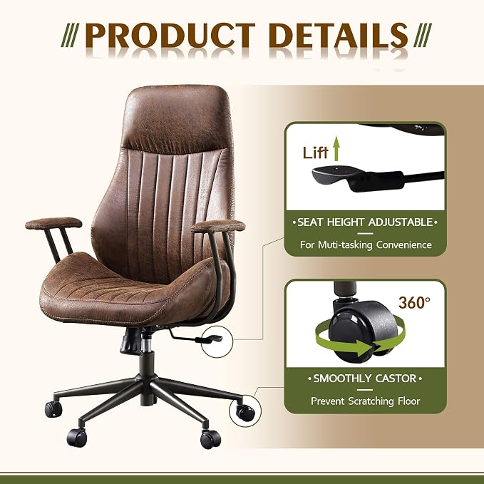 CAODOC High Back Office Chair,Modern Swivel Office Chair,Brown Suede Fabric Gaming Chair,Height Adjustable Home Office Desk Chair with Lumbar Support
