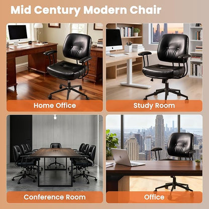 Leather Home Office Chair, Mid Back Ergonomic Desk Chair with Lumbar Support, Mid Century Modern Deep Seat Swivel Rocking Computer Chair, Black