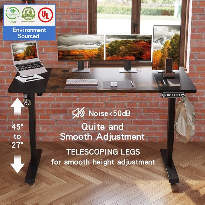 Height Adjustable Electric Standing Desk, 55X24 Height Stand Up Computer Desk,Sit and Stand Home Office Desk with Splice Board (Black+Brown Top, Black Frame)