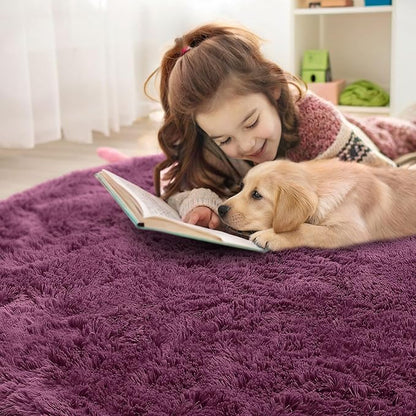 OLANLY Burgundy Round Rugs for Bedroom - Machine Washable, 8 ft Circle Area Rugs for Living Room, Soft and Fluffy Shaggy Carpet for Teen Girls and Boys, Nursery Rooms, Dorms, Home Decor Aesthetic