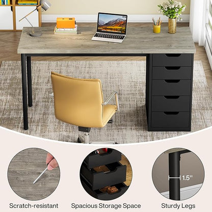 Tribesigns Computer Desk with 5 Drawers, 47 inches Rustic Brown Home Office Desk with Storage, Modern Simple Laptop Desk Study Writing Table for Small Spaces (1, Grey+Black)