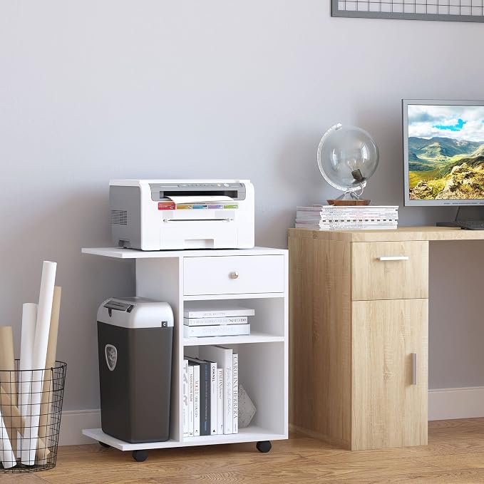 Vinsetto Mobile Printer Stand, Rolling File Cabinet Cart with Wheels, Adjustable Shelf, Drawer and CPU Stand, White