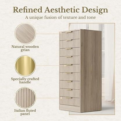 9 Drawer File Cabinet, Wooden Office Cabinet with Drawers, Fluted Storage Filing Drawer for Home Office, Light Walnut