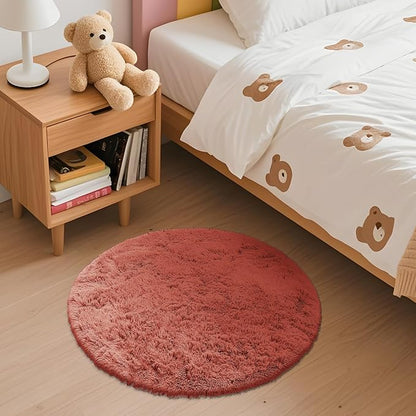 OLANLY Rust Red Round Rugs for Bedroom - Machine Washable, 2 ft Circle Area Rugs for Living Room, Soft and Fluffy Shaggy Carpet for Teen Girl and Boys, Nursery Rooms, Dorms, Home Decor Aesthetic