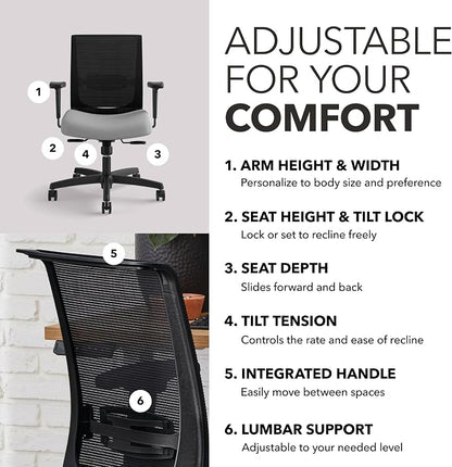HON Convergence Ergonomic Office Chair with Mesh Back, Adjustable Arms, Lumbar Support, Synchro‑Tilt Desk Chair with Wheels for Home Office or Computer Use, Black Frame, Frost