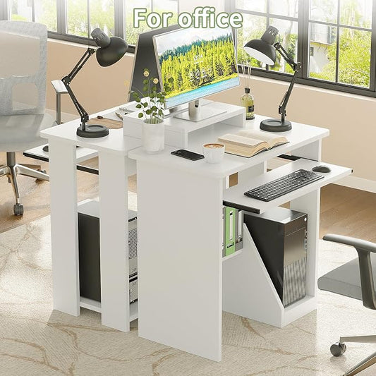 ALISENED Computer Desk, 30 Inch Compact Desk with Keyboard Tray & Monitor Stand for Space-Saving, Ergonomic Study Desk with Storage Shelves for Writing, Gaming, Working, White