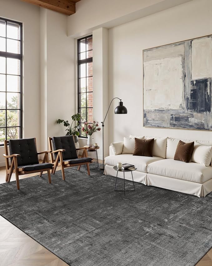 Latte&Fog 6x9 Area Rugs for Living Room Bedroom, Black Modern Abstract Neutral Washable Rug, Boho Non Slip Low Pile Carpet for Dining Room, Dorm,Classroom,College Dorm, Farmhouse and Kids Room - Black