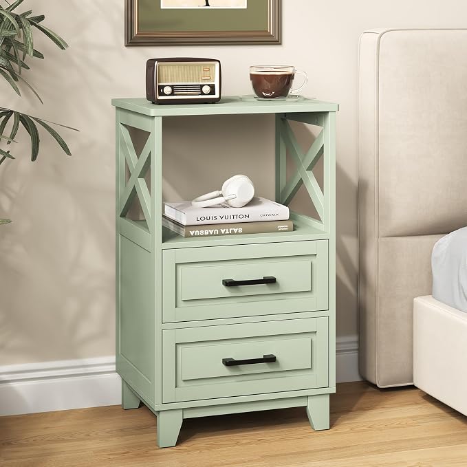 RoyalCraft 30" Tall Nightstand, Modern Painted Bedside Table with 2 Drawers and Open Shelf, Wood Side Table for Bedroom, Home Office, Green-Open Shelf Above, Set of 2