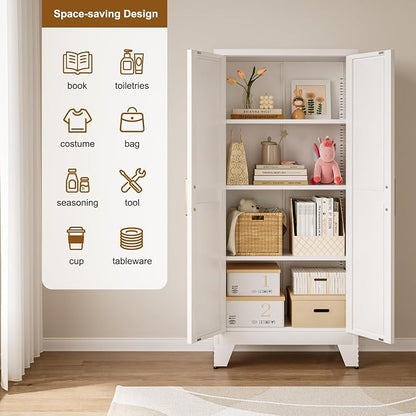 QINPTWUT 61" Metal Storage Cabinet, 4-Tier Kitchen Pantry with 3 Adjustable Shelves, Farmhouse Design Freestanding Cupboard for Kitchen, Bathroom, Laundry, Garage, White