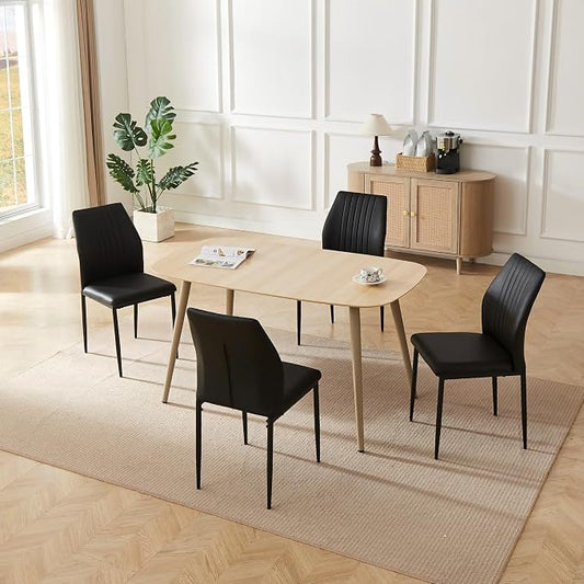 HIPIHOM Modern 4-Piece Dining Table Set with Leather Chairs | 55.1 Inch Wood Kitchen Table & 4 Black Leather Seats | Space-Saving Durable Furniture for Small Spaces, Dining Room, Breakfast Nook
