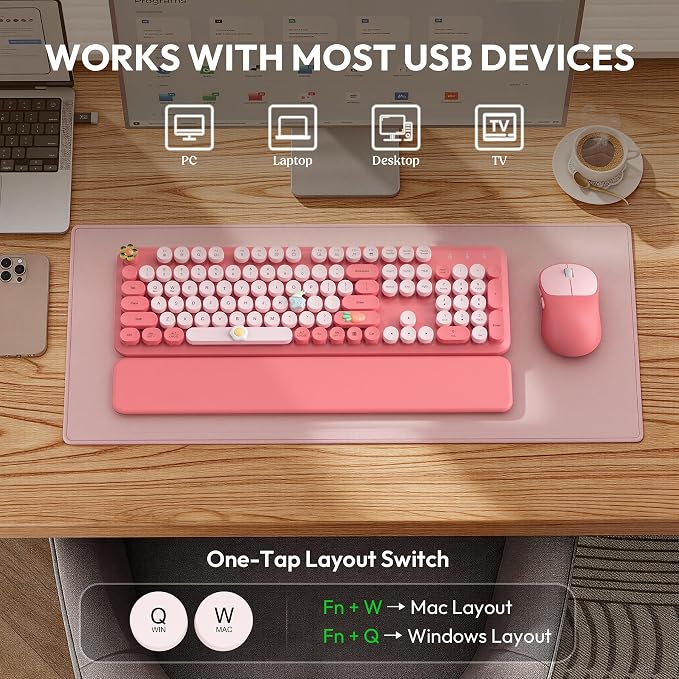 Wireless Keyboard and Mouse Combo, Typewriter Keyboard with Magnetic Wrist Rest, Full-Size Cute Round Keycaps, Sleep Mode, 2.4G Keyboards for Mac/Windows/PC, Office or Home, Trueque CK23Pro