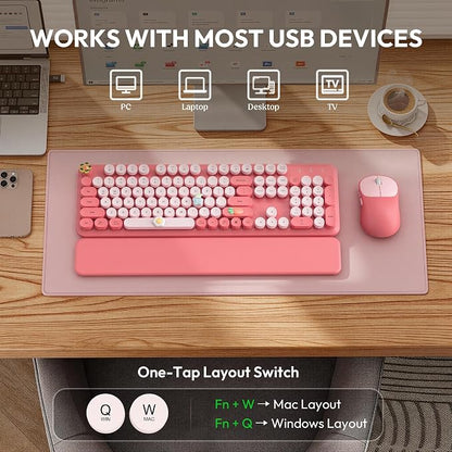 Wireless Keyboard and Mouse Combo, Typewriter Keyboard with Magnetic Wrist Rest, Full-Size Cute Round Keycaps, Sleep Mode, 2.4G Keyboards for Mac/Windows/PC, Office or Home, Trueque CK23Pro