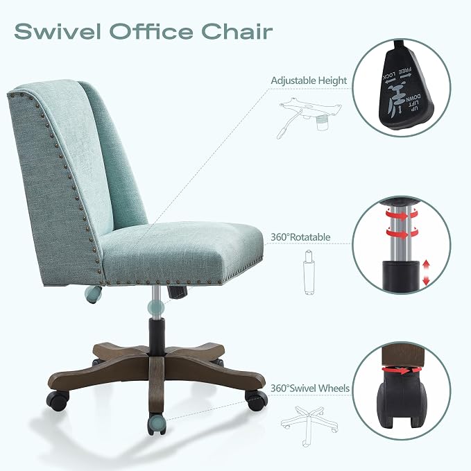 Zihanhome Armless Office Chair with Wooden Legs, Modern Adjustable Upholstered Home Office Desk Chair No Arms Sewing Chair Swivel Chair for Home Office Study Studio (Teal)
