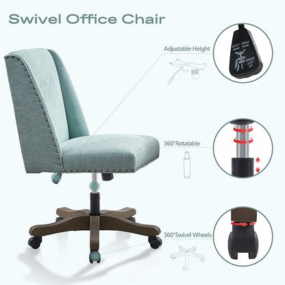 Zihanhome Armless Office Chair with Wooden Legs, Modern Adjustable Upholstered Home Office Desk Chair No Arms Sewing Chair Swivel Chair for Home Office Study Studio (Teal)