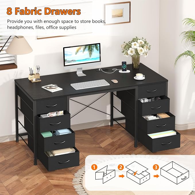 YOMILUVE 50 Inch Computer Desk with 8 Drawers, Home Office Desk with Power Outlets, Work Study Gaming Desk with 8 Fabric Drawers, Black