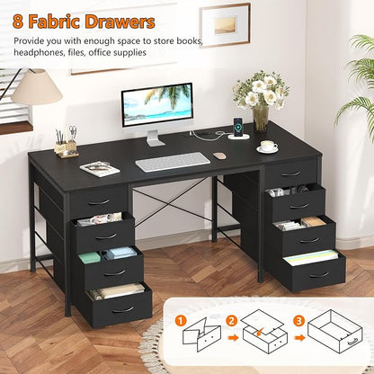 YOMILUVE 50 Inch Computer Desk with 8 Drawers, Home Office Desk with Power Outlets, Work Study Gaming Desk with 8 Fabric Drawers, Black