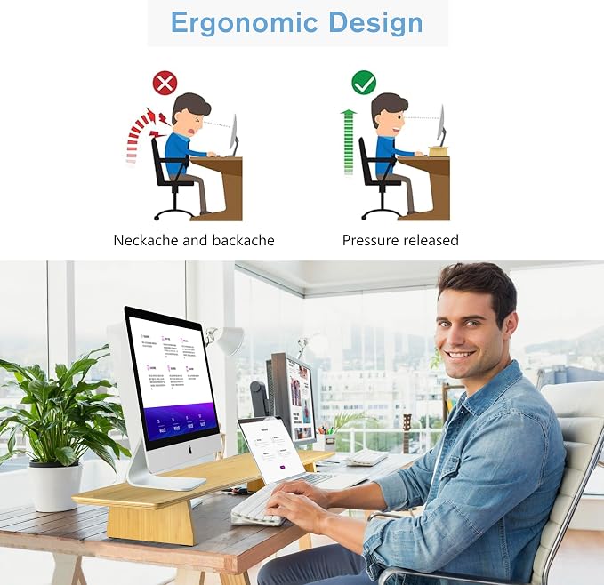 SAMDI Wooden Monitor Stand, Ergonomic Design, Suitable for Laptop, Computer, iMac, Desk with Table (Bamboo)