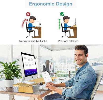 SAMDI Wooden Monitor Stand, Ergonomic Design, Suitable for Laptop, Computer, iMac, Desk with Table (Bamboo)