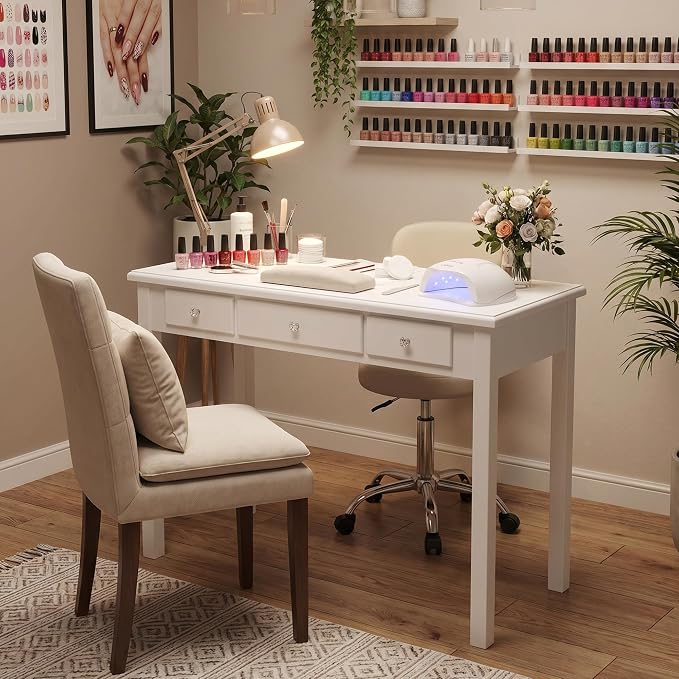 STHOUYN Small White Writing Desk with Drawers, Vanity Table for Bedroom | Small Farmhouse Makeup Vanity Desk No Mirror, Adult/Student Writing Desk with Drawers for Small Spaces, Home Office, Study