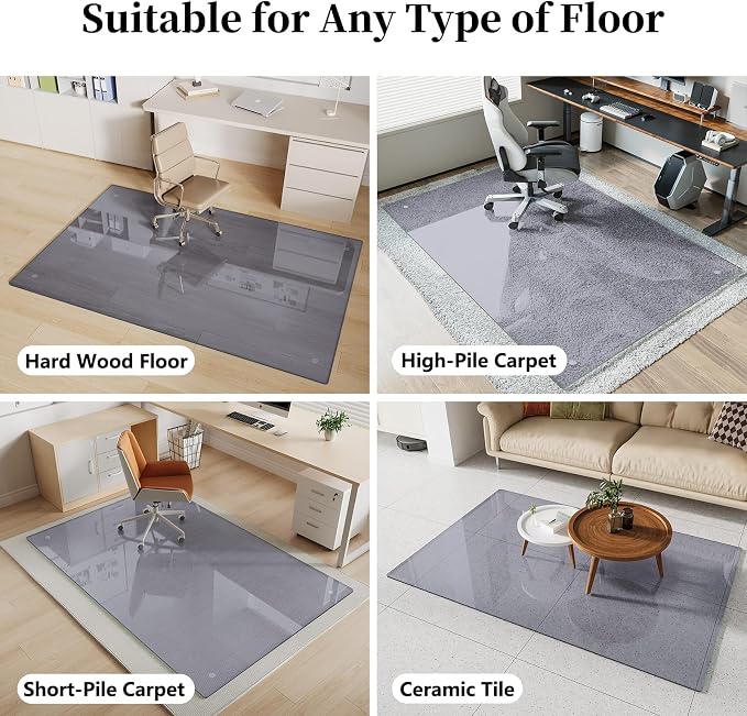 Glass Chair Mat 30" x 55" Heavy Duty Tempered Glass Office Chair Mat, Glass Floor Mat with Round Corner and Polished Edge for Smooth Glide, Carpet Hardwood Floor Protector, Grey