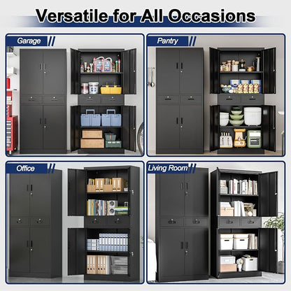 BESFUR Metal Storage Cabinet with 2 Drawers 4 Doors and 2 Adjustable Shelves Garage Storage Cabinet with Lock 71" Office Storage Cabinets Locking Cabinets for Garage Office Shop Home (Black)