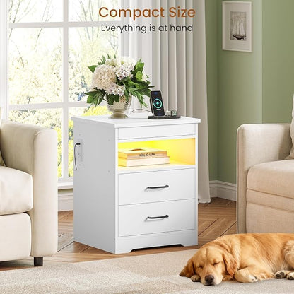 DICTAC Nightstand with Charging Station and LED Lights, Bedside Table with Lockable Sliding Desktop, Modern Night Stand with Storage Drawers and Open Shelf, End Side Table for Bedroom, Home Office