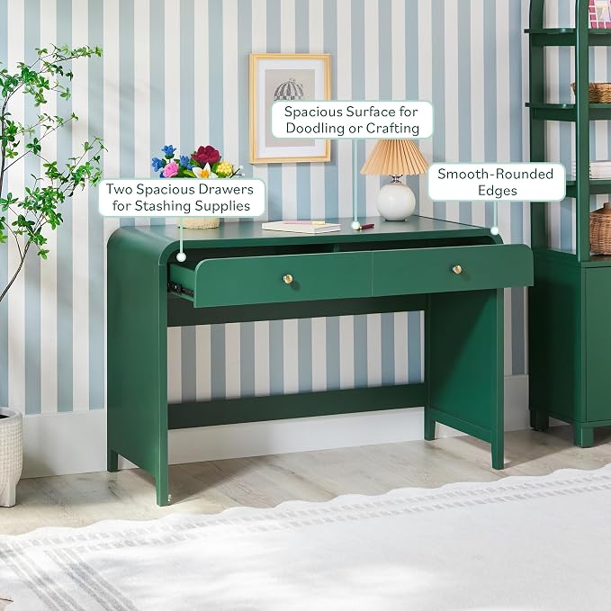 Walker Edison Zoey Modern Curve Design Writing Desk with Drawer, 45 Inch, Green