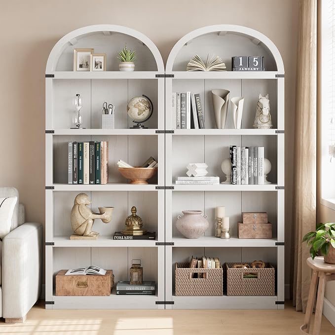 GarveeHome Bookcase 5 Shelf Arched Bookshelf 71.65 in Tall Bookcase Farmhouse Display Storage Rack Wooden Bookshelves for Home Office, Living Room (White)