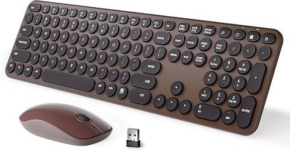 MPTOG Wireless Keyboard and Mouse Combo, Retro Round Typewriter Keys, 2.4G Silent Connection with Number Pad, Ergonomic Aesthetic Desk Set for Home Office, Laptop, PC, Mac (Black Coffee)