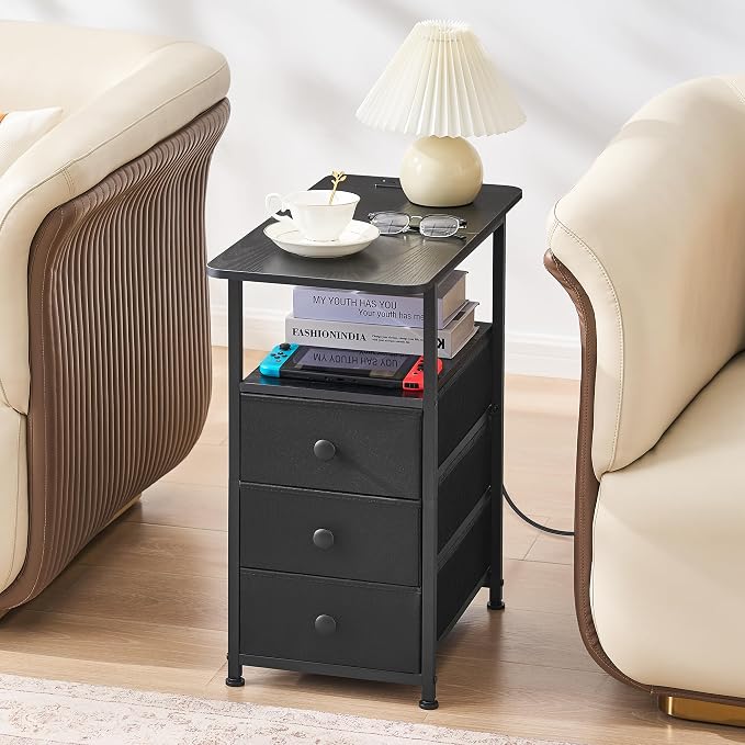 DALEMHOME Narrow End Table with Charging Station, Narrow Side Table with 3 Fabric Drawers, Slim Nightstand with LED Light, Small Bedside Table with Storage, Living Room, Bedroom, Black HKET1303BK