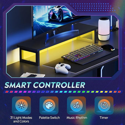 DEVAISE 66 Inch L Shaped Gaming Desk with Drawers and Storage, Corner Desk with LED Lights, Power Outlets, Computer Desk with Monitor Stand, Office Desk for Home, Black